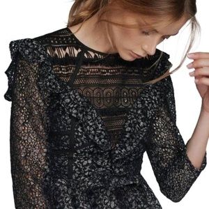 Marissa Webb Black Gabrielle Lace Blouse Ruffle Trim Peplum Hemline XS